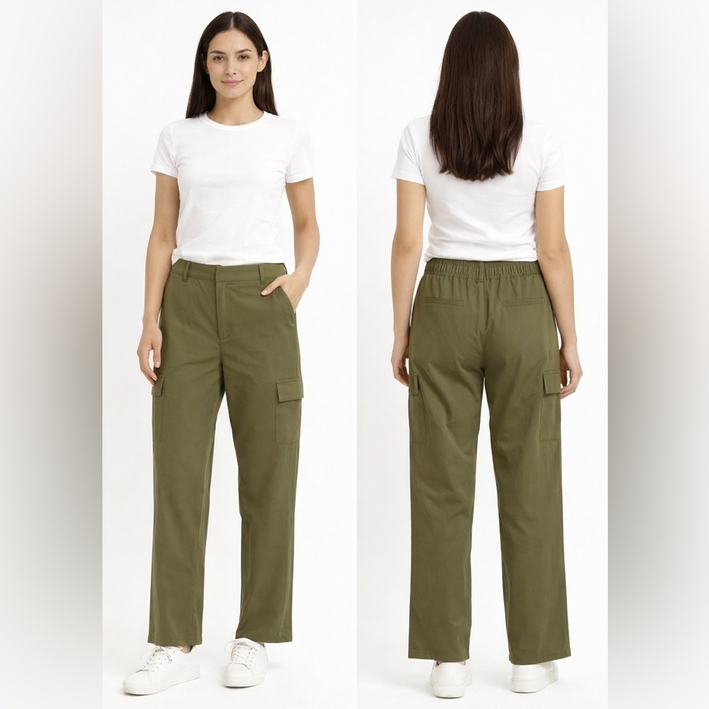 Modern Works Olive Green Wide Leg High Waisted Flowy Cargo Pants Size M Medium